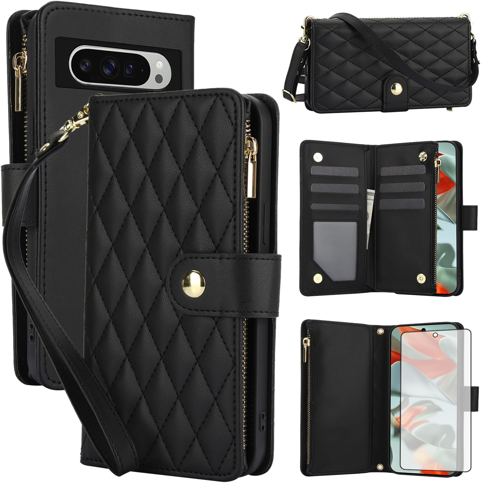 Asuwish Phone Case for Google Pixel 9 Pro XL with Tempered Glass Screen Protector and Zipper Wallet Cover Card Holder Slot Stand Flip Mobile Cell Accessories Pixel9 9Pro 9ProXL Nine Women Men Black
