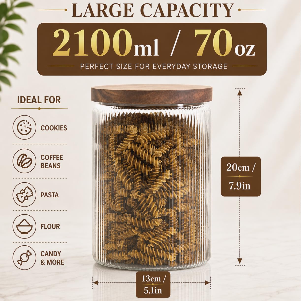 Mason & Fable Barattolo in vetro a coste con coperchio in legno, 2,1l, set da 2, contenitore ermetico scanalato per biscotti, pasta, caffè, dolcetti per cani, snack, contenitori organizzativi