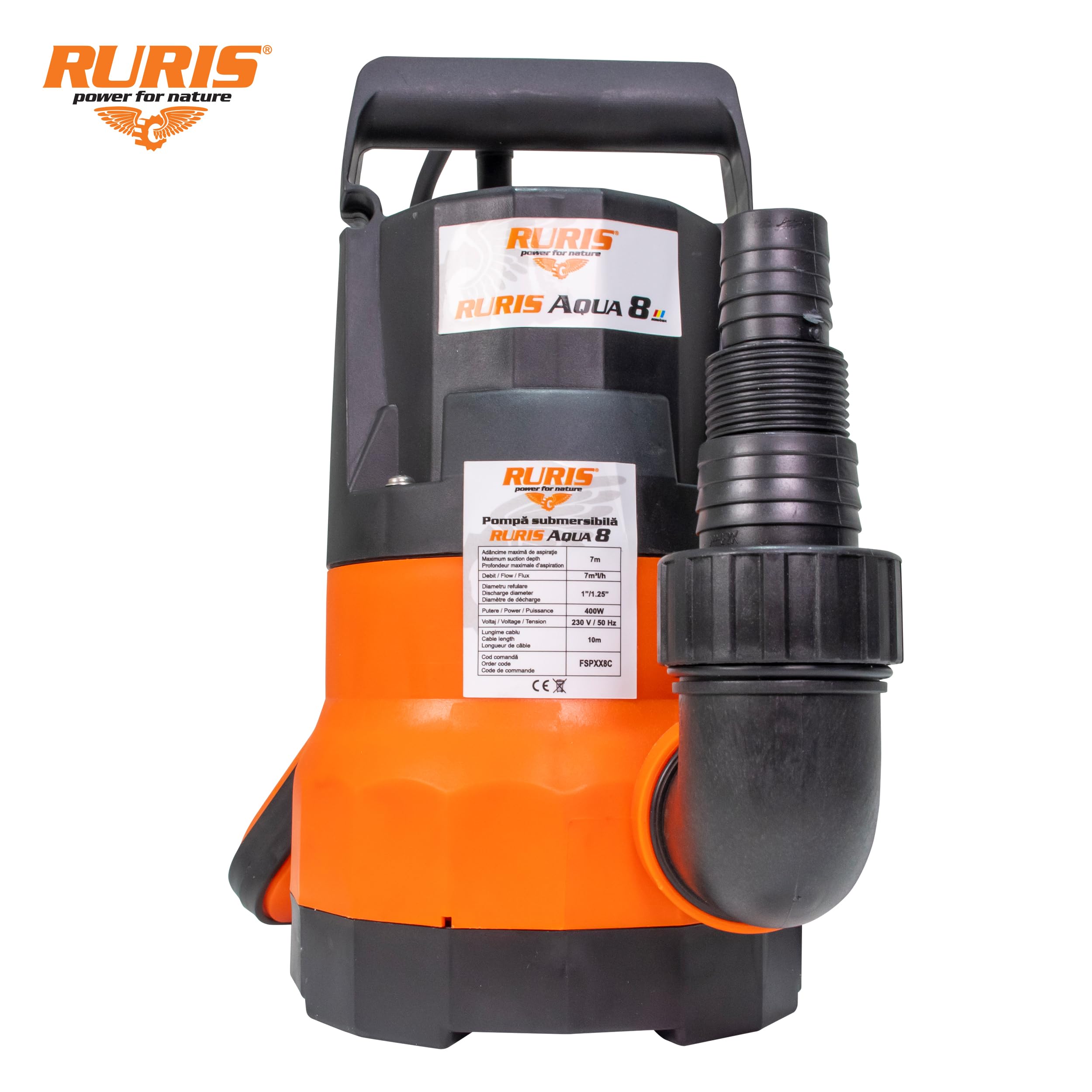 RURIS POWER FOR NATURE Aqua 8 - Pompe Submersible pour Eaux Claires 400W, Débit 7m³/h, Hauteur de Refoulement 7m, Avec Flotteur, Câble 10m, Idéale pour Puits, Cave, Piscine et Irrigation