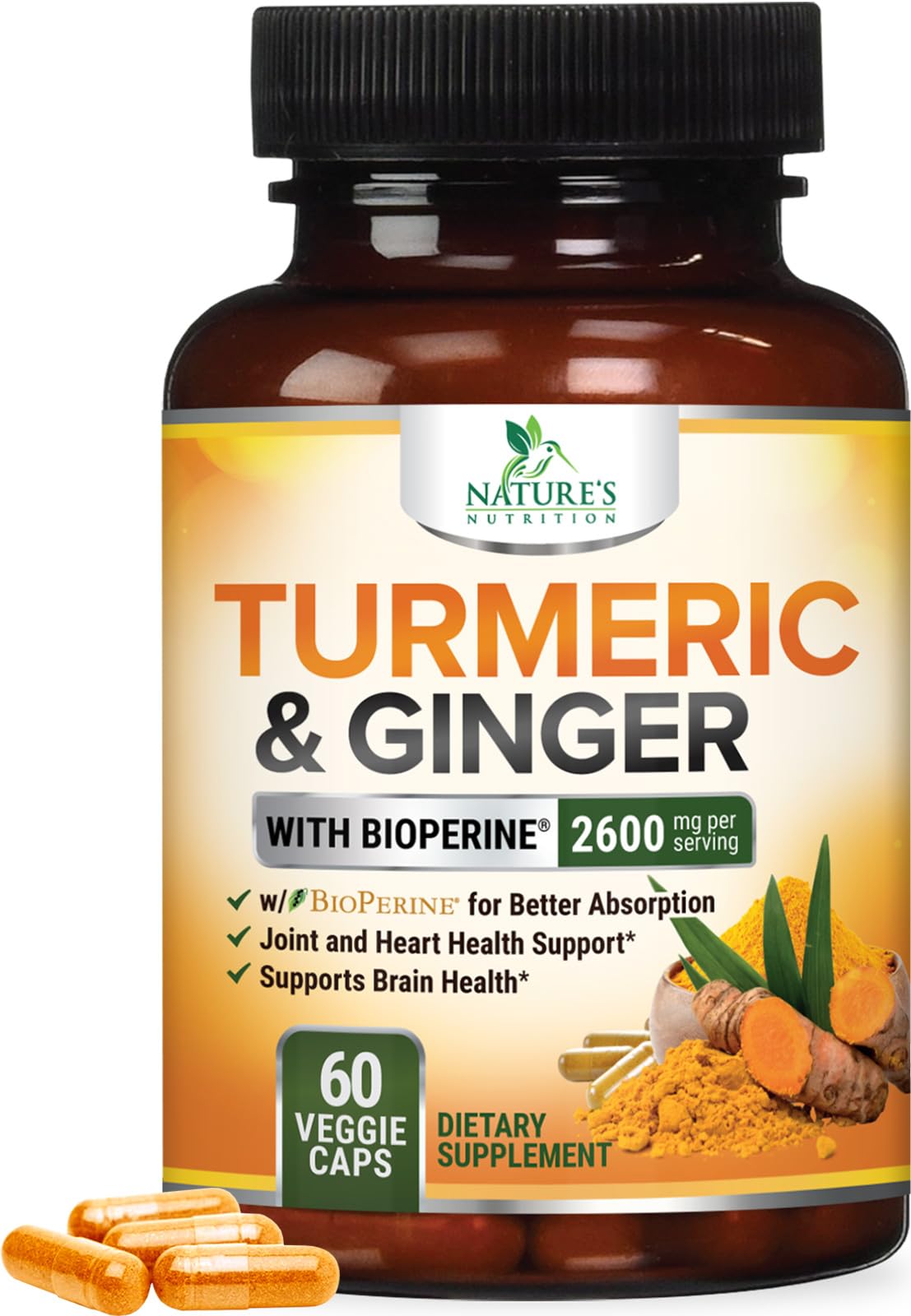 Turmeric Curcumin Supplement 2600mg - with Organic Ginger & Turmeric, BioPerine Black Pepper Extract 95% Curcuminoids - Advanced Absorption Joint & Antioxidant Extra Strength Support - 60 Capsules