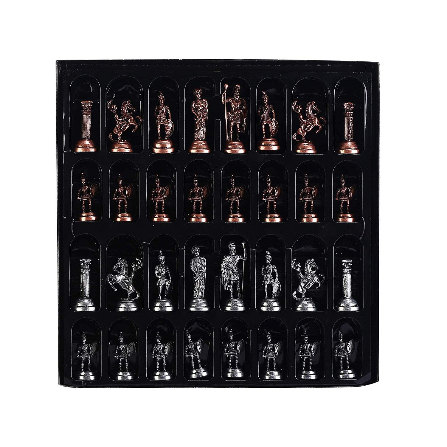Juego de ajedrez de metal con figuras romanas de cobre antiguo, piezas hechas a mano y tablero de ajedrez de madera maciza natural con diseño de perlas alrededor del tablero y almacenamiento interior.