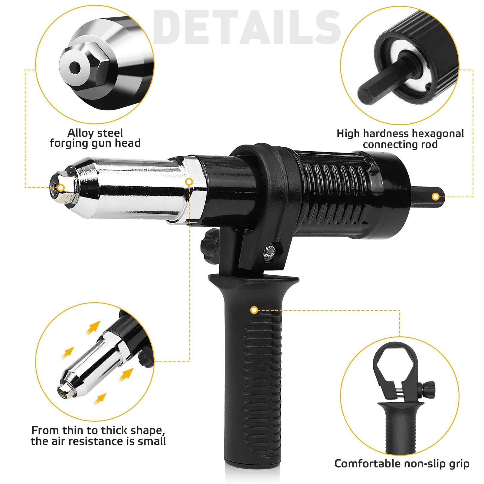 Remachadora eléctrica, Remachadora para Taladro, Remachadora para Taladro Inalámbrico, Con 40 remaches ciegos, Para Remaches con tamaños de 2,4/3,2/4,0/4,8 mm