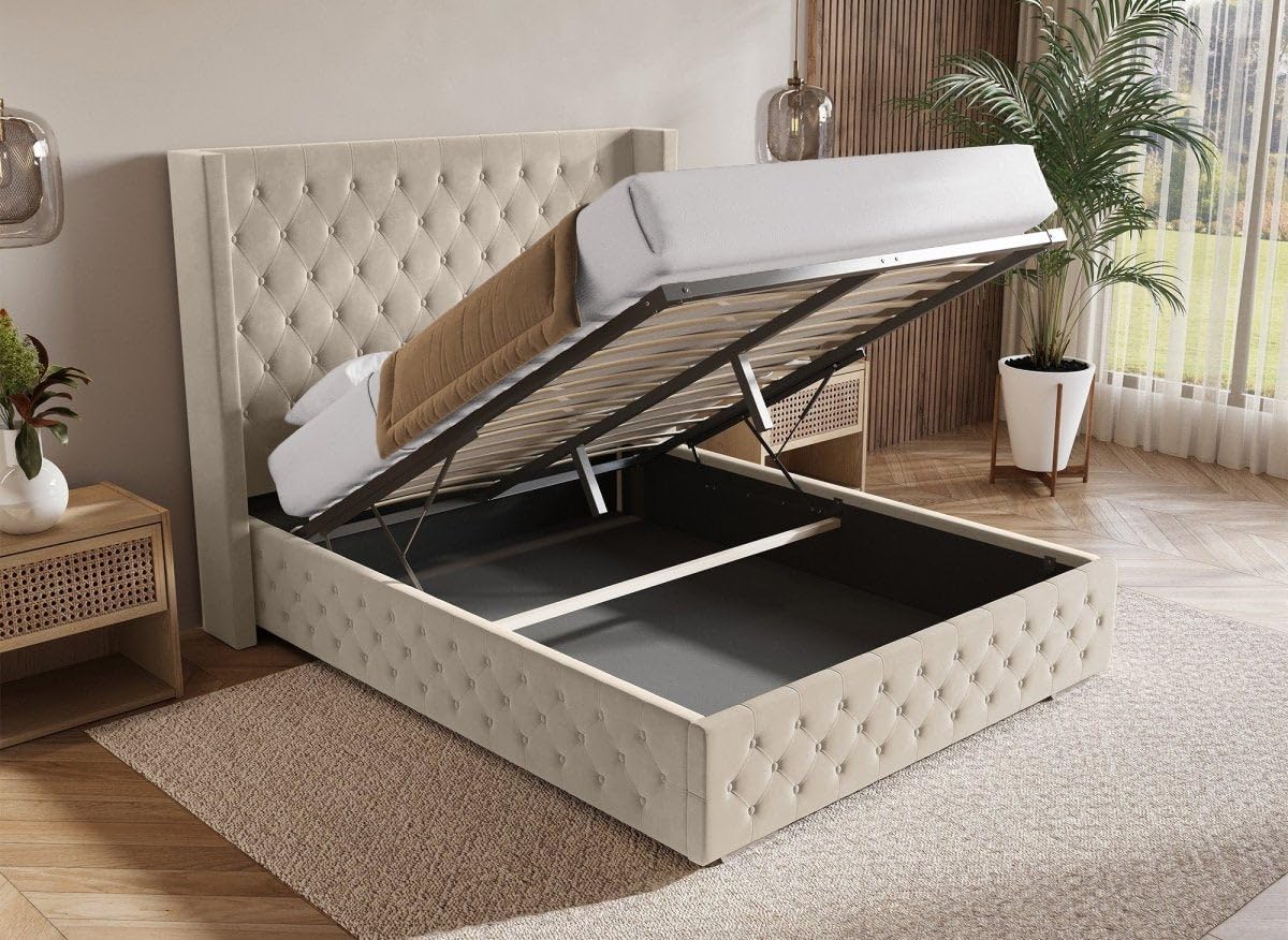 DecoInParis Lit Coffre en Velours Beige 140X190 cm Perla