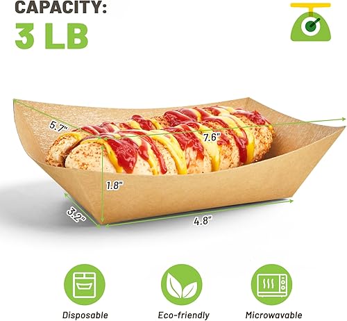 Miniatura 2 de Bandejas de papel para alimentos de 3 libras - Paquete de 100 bandejas desechables para nachos, bandejas de papel kraft para tacos, cestas para