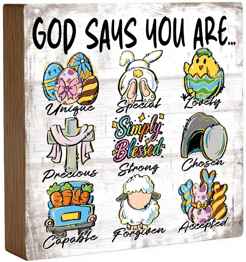Christian Easter Decorations - Religious Happy Easter Jesus Wooden Wood Signs Sign for Bathroom Table Home Party Indoor Office Classroom Kitchen Supply Decor Gifts 5×5 Inch