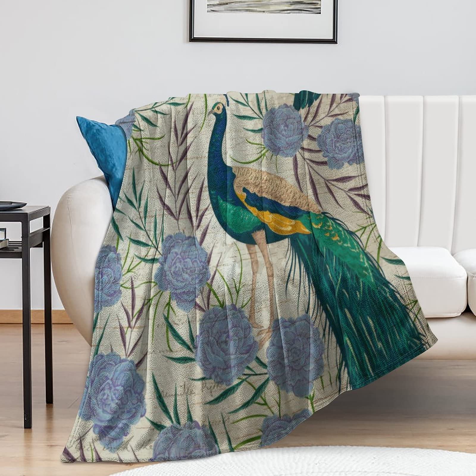 Couverture de canapé paon en peluche anti-froid légère et douce pour rester au chaud