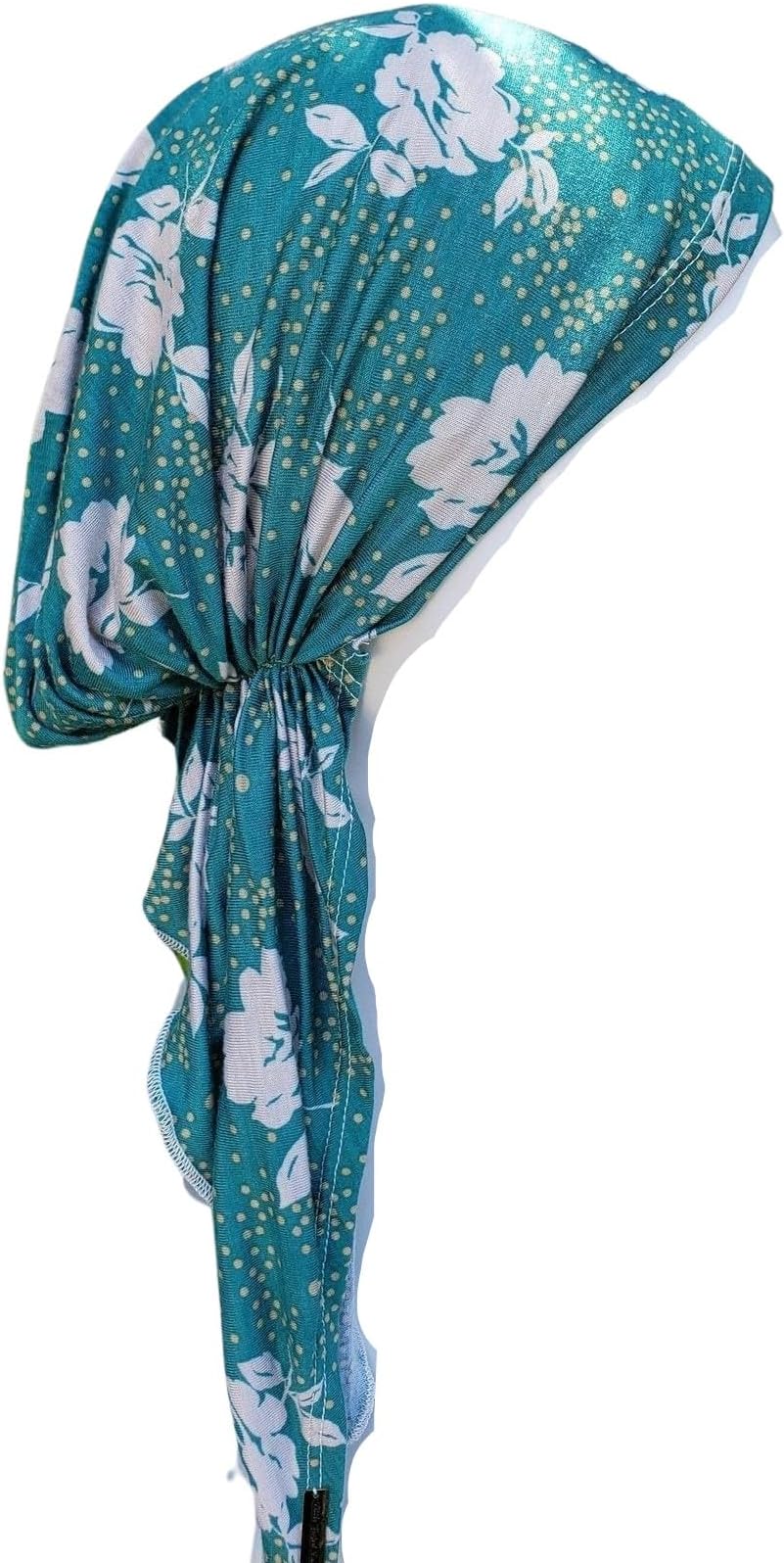 The Little Tichel Lady Pre Tied Head Scarf for Women, Teal Green with White Floral Design Head Covering, Slip On Chemo Beanie Hat, Cancer Headwear, Multi Colored, One size