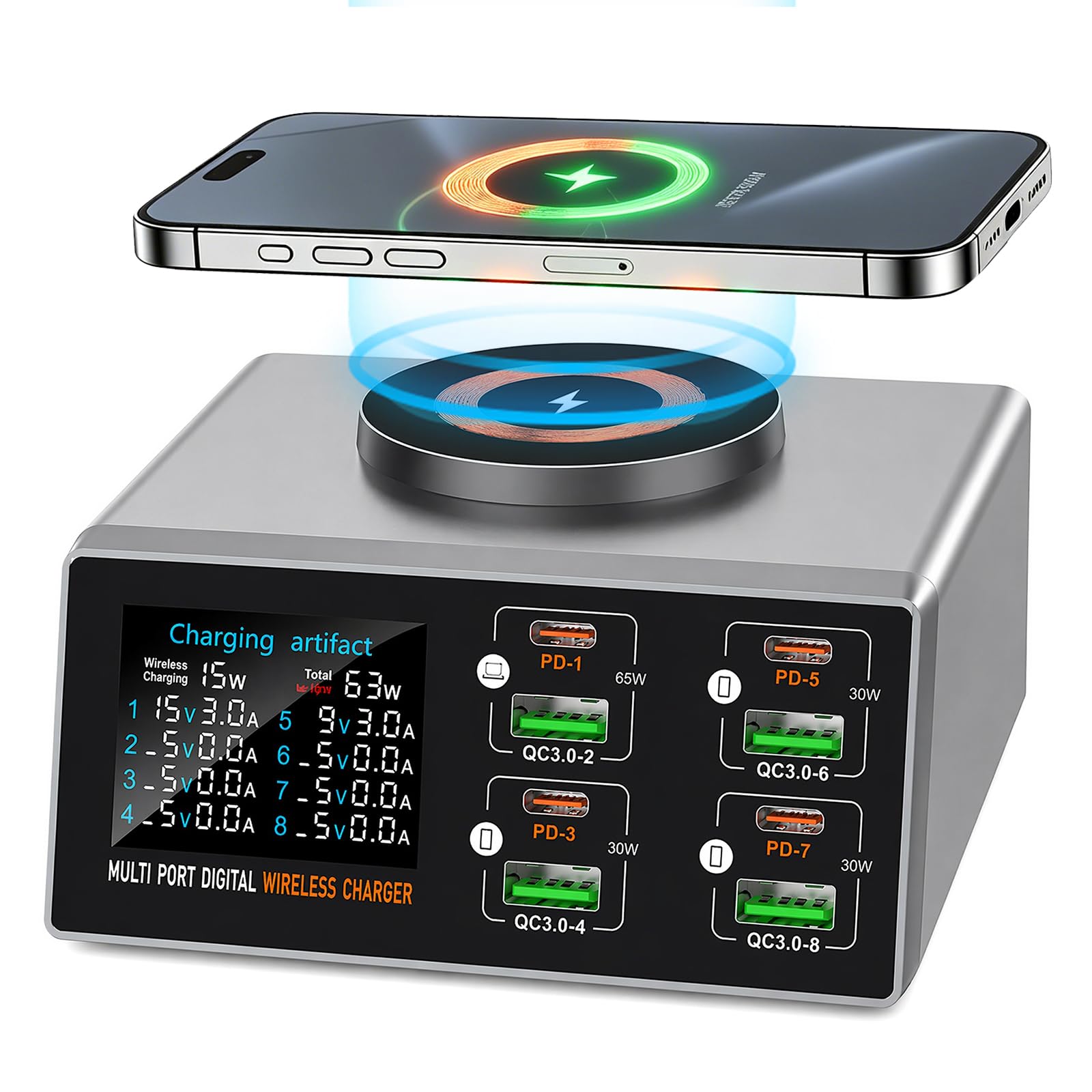 Chargeur Intelligent Multifonctionnel 140 W avec indicateur d'absorption magnétique, Chargeur USB-C 8 Ports avec PD 3.0 et QC 3.0 (65 W), Chargeur sans Fil magnétique, écran LCD
