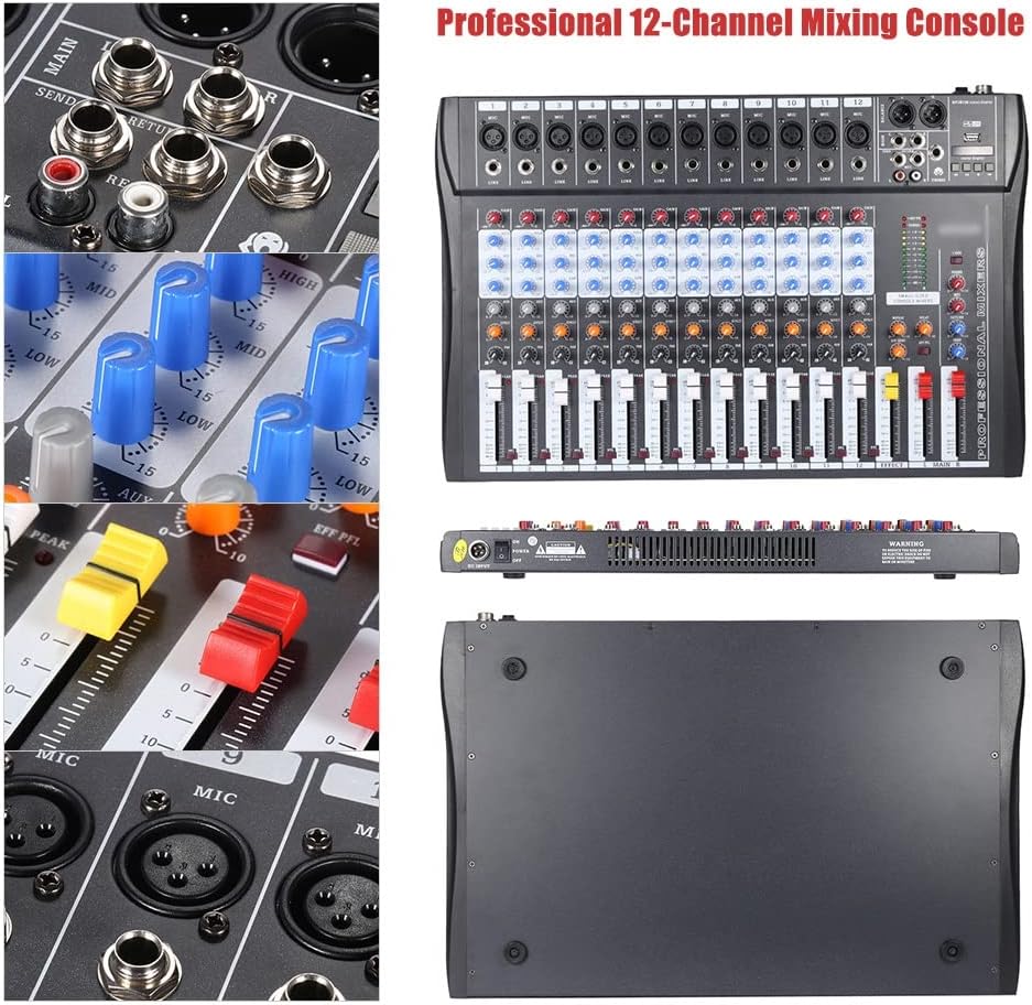 120S-USB12チャンネルマイクラインオーディオミキサーミキシングコンソールUSB XLR入力3バンドEQ48Vファンタム電源(