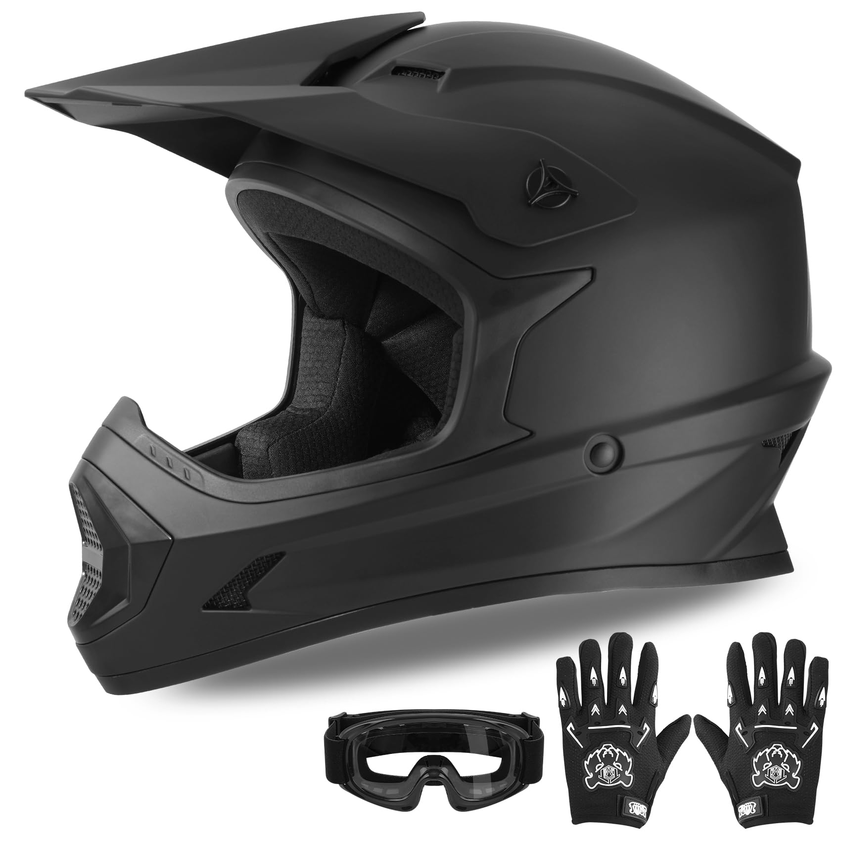 DOT Youth Kids Dirt Bike Helmet Full Face Motocross Helmets for Off-Road ATV Street Bike Four Wheeler Motorcycle with Goggles & Gloves, Matte Black Small