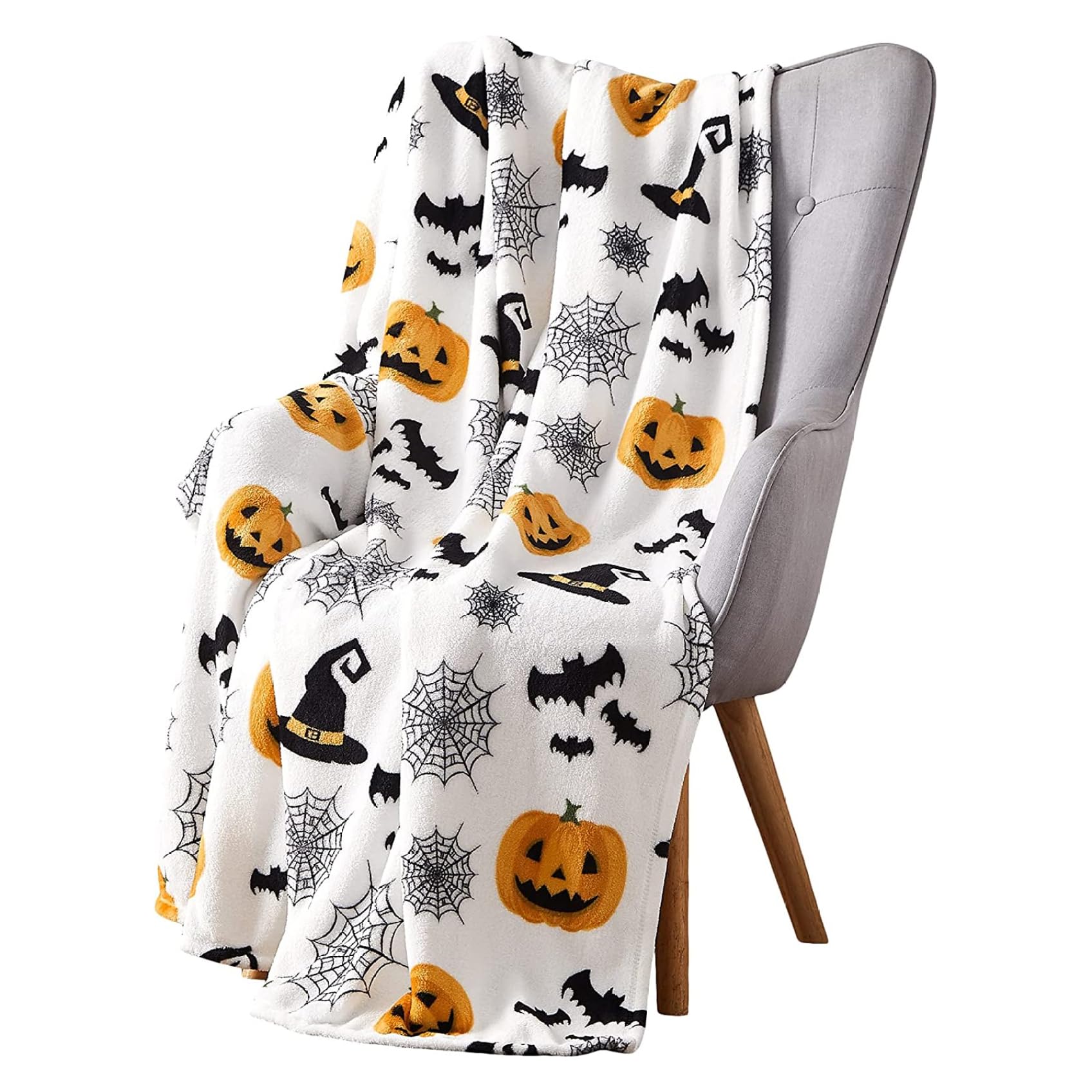 Hperu Halloween Throw Blankets 51.18x59.06 Inch Soft Fleece Throw Blanket with Spider Webs Witch's Hat Black Bats and Pumpkins Print Sofa Blankets for Halloween Home Decor