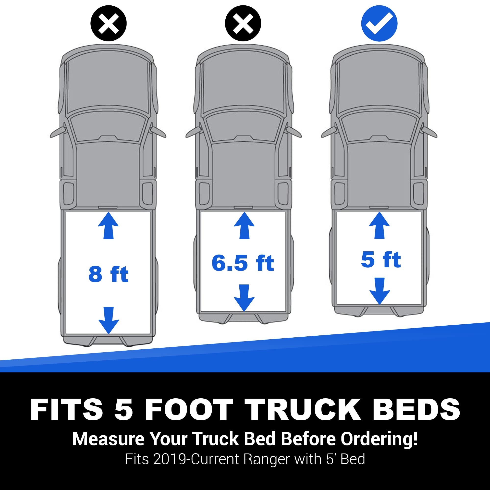 Soft Tri-Fold Truck Bed Tonneau Cover - Fits Ford Ranger 2019-2023 with 5' Short Bed - Ford Ranger Tonneau Cover - Heavy Duty Aluminum Frame - Marine Grade 24 oz Vinyl