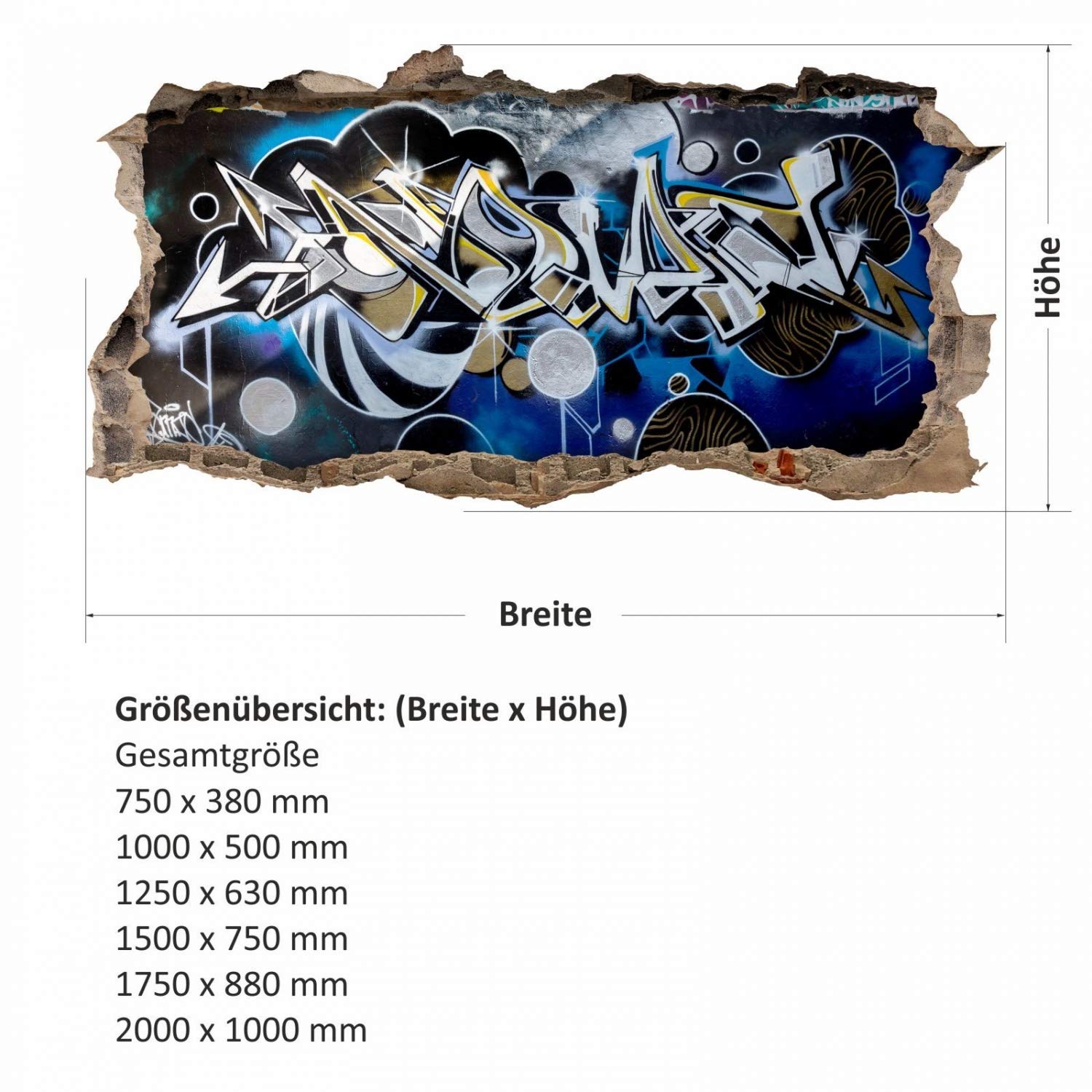 nikima - Adesivo da parete per bambini, motivo graffiti, blu, grigio, foro nella parete, 6 misure, decorazione da parete, per adolescenti, dimensioni 2000 x 1000 mm