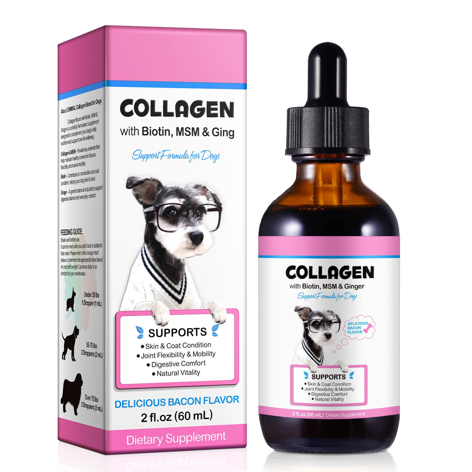 Liquid Collagen for Dogs with Biotin & Ginger - Bacon Flavoured Skin & Coat Supplement for Joint & Digestive Care - All Breeds & Sizes, 60ml