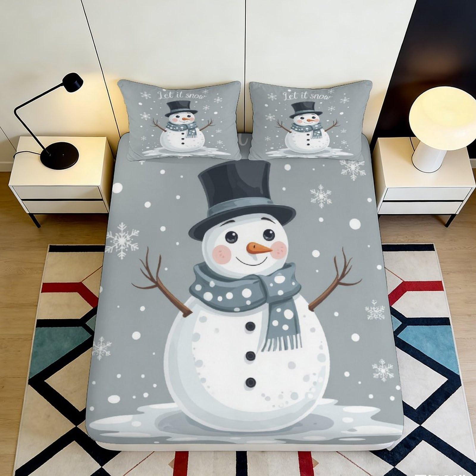 Jqzkxnhpbr Style-8 3D Printed Snowman Grey Fitted Sheet Microfiber Soft Winter Christmas Bed Sheet For Bedroom Guest Room Decor 90X200x25cm