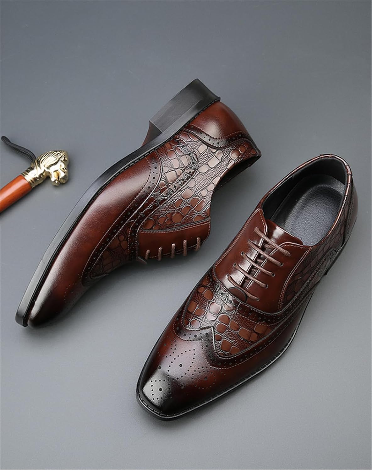 Mens Crocodile Print Square Toe Oxfords Business Brogue Leather Derby Formal Shoes Vintage Wingtip Dress Shoes - Image 9