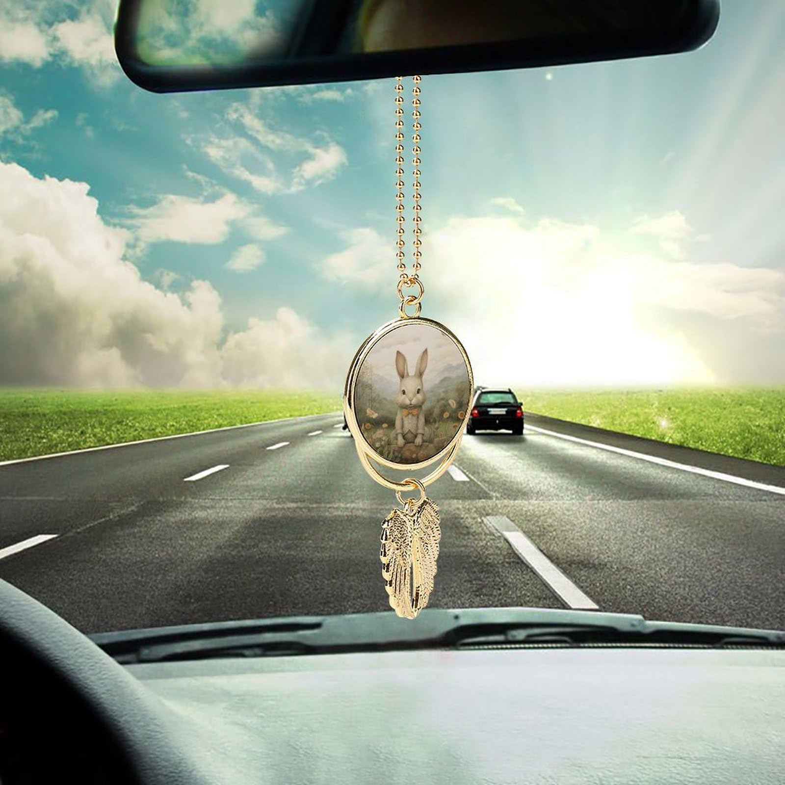 Metal Car Pendant Charms Sit on The Grass Car Rear View Mirror Charms Angel Wing Auto Rearview Mirror Hanging Interior Ornament Pendant Car Accessories for Women Men Car Interior Decor