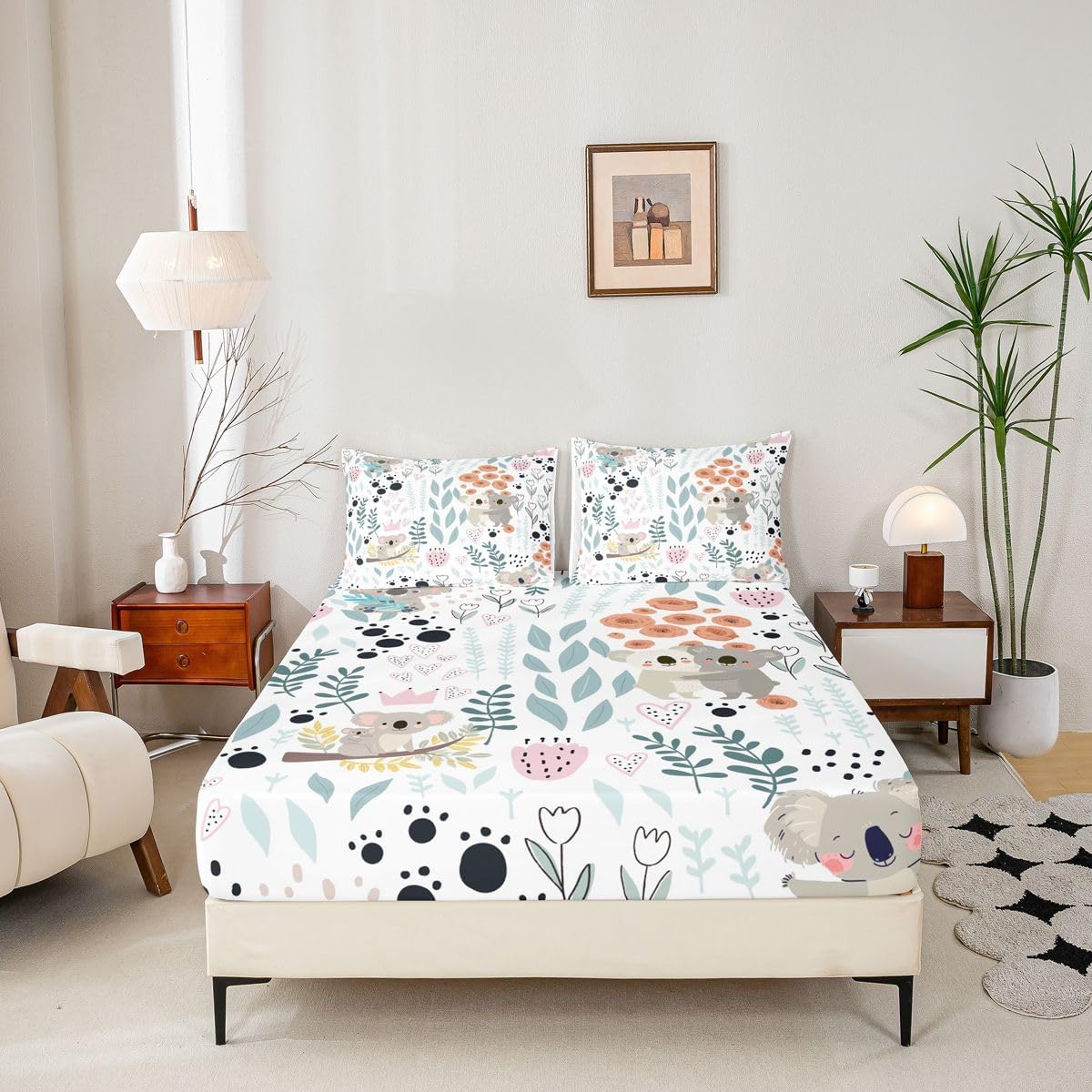 Erosebridal Kawaii Koala Fitted Sheet,Cartoon Koala Bedding Set Full,Cute Love Heart Leaves Flowers Bed Sheets for Kids Girls Boys,Paw Print Animal Bed Cover with 2 Pillow Cases