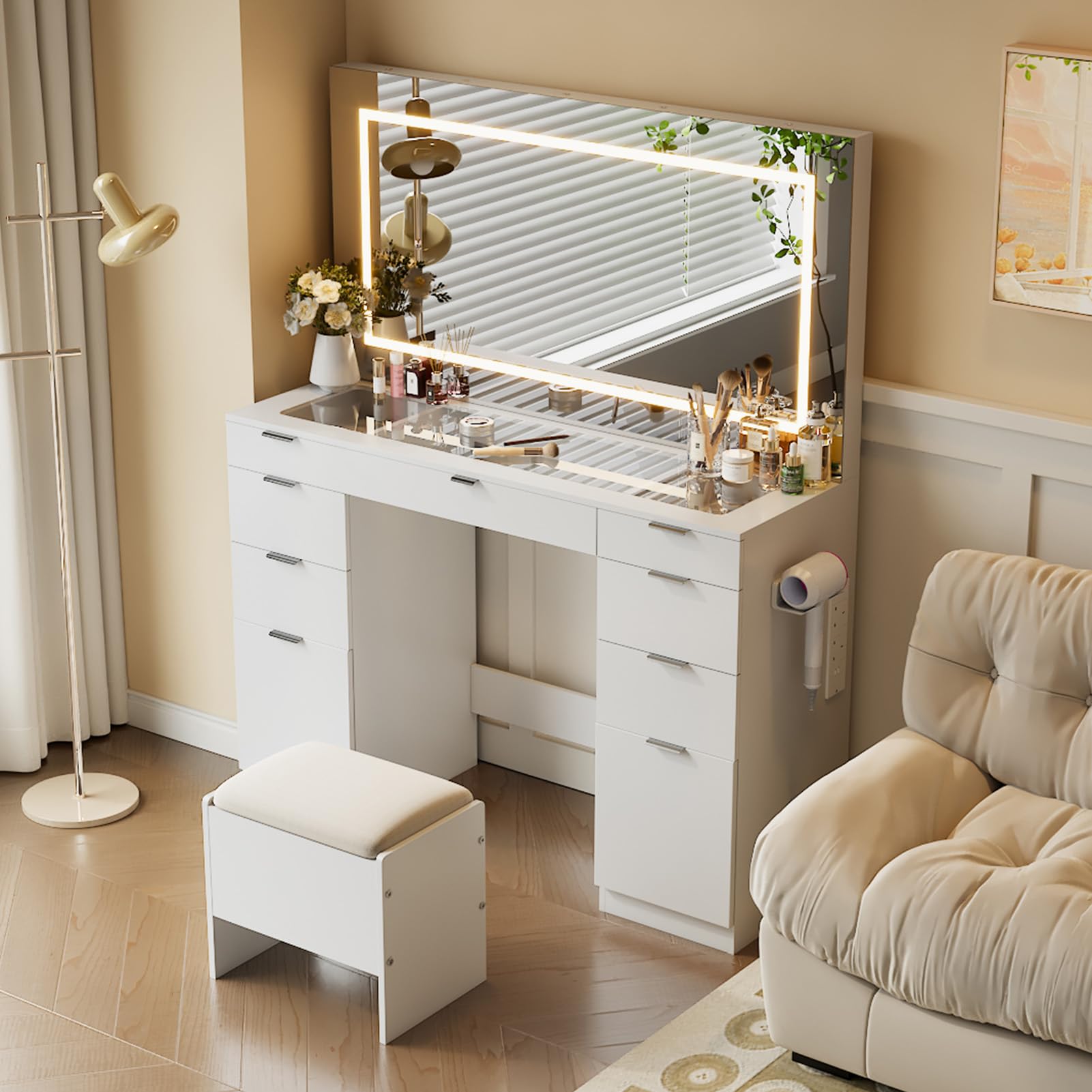 Warmiehomy Vanity Dressing Table with LED Mirror & Storage Stool, White