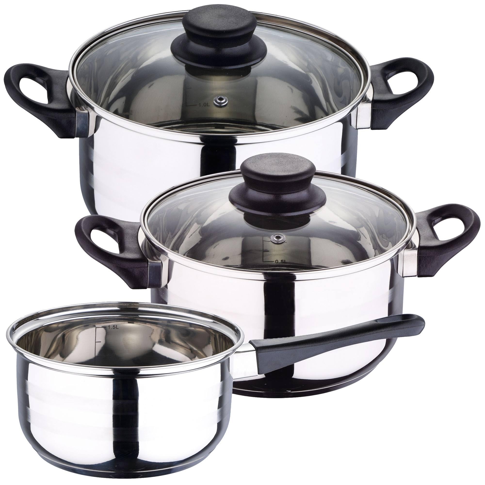 Well Home Pack Batería de cocina 5 Piezas en acero inoxidable + Sartenes Ø16Ø20Ø24Ø28cm Aluminio prensado Cobre metalizado