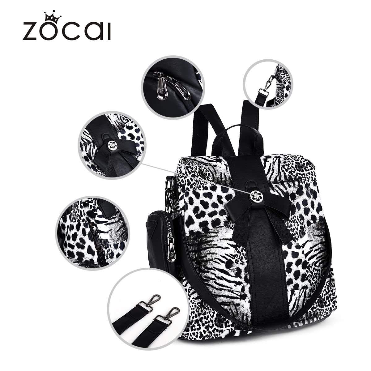 ZOCAI Mochila monedero para mujer de moda, carteras, de piel sintética, mochila diaria, antirrobo, bolso de hombro, monedero, Leopardo negro., M