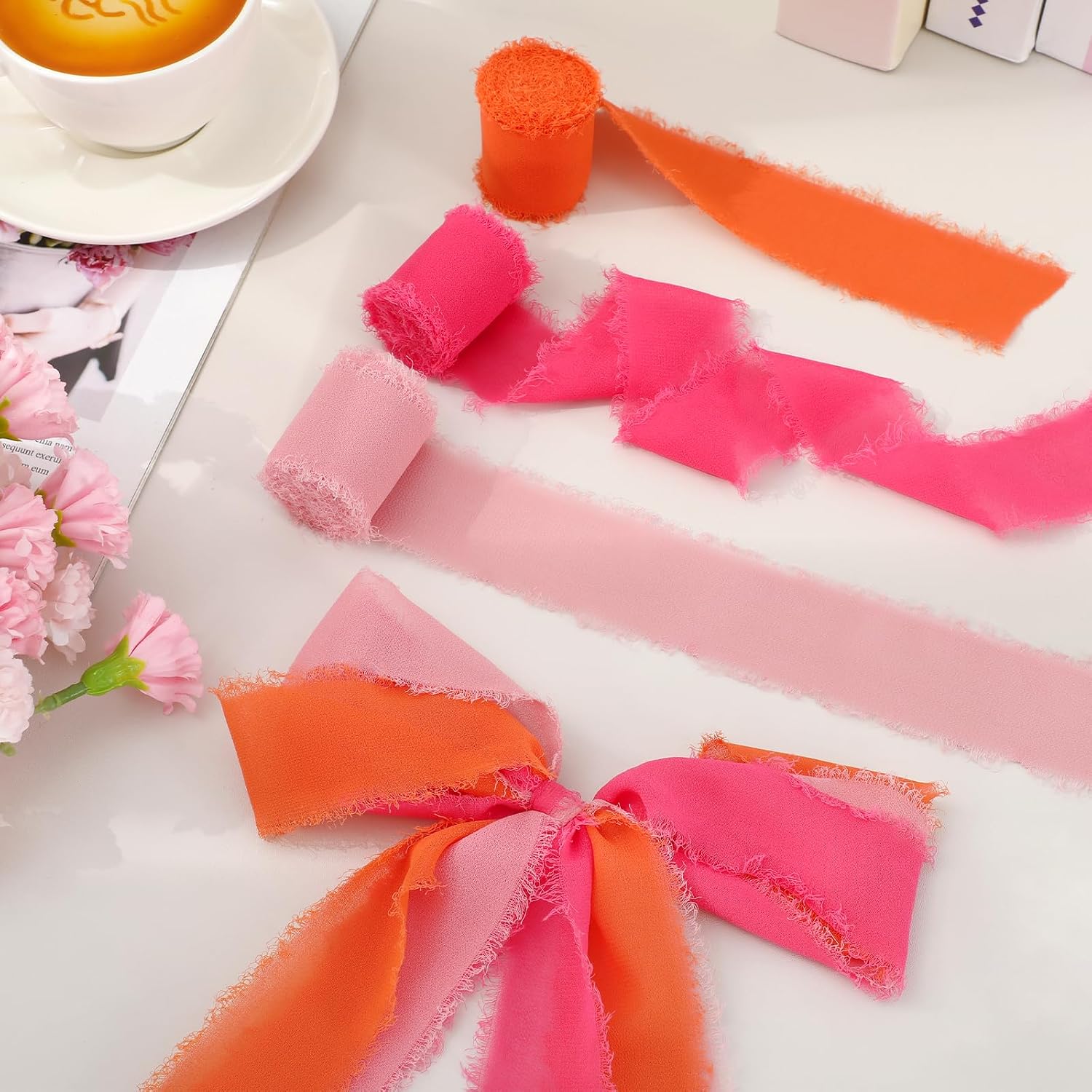 FYSUIMU Hot Pink Orange and Pink Chiffon Ribbon Set 3 Rolls 1.5" x 21 Yd Frayed Edges Ribbons for Wedding Invitations Bridal Bouquets Gifts Wrapping Crafts Holiday Decor