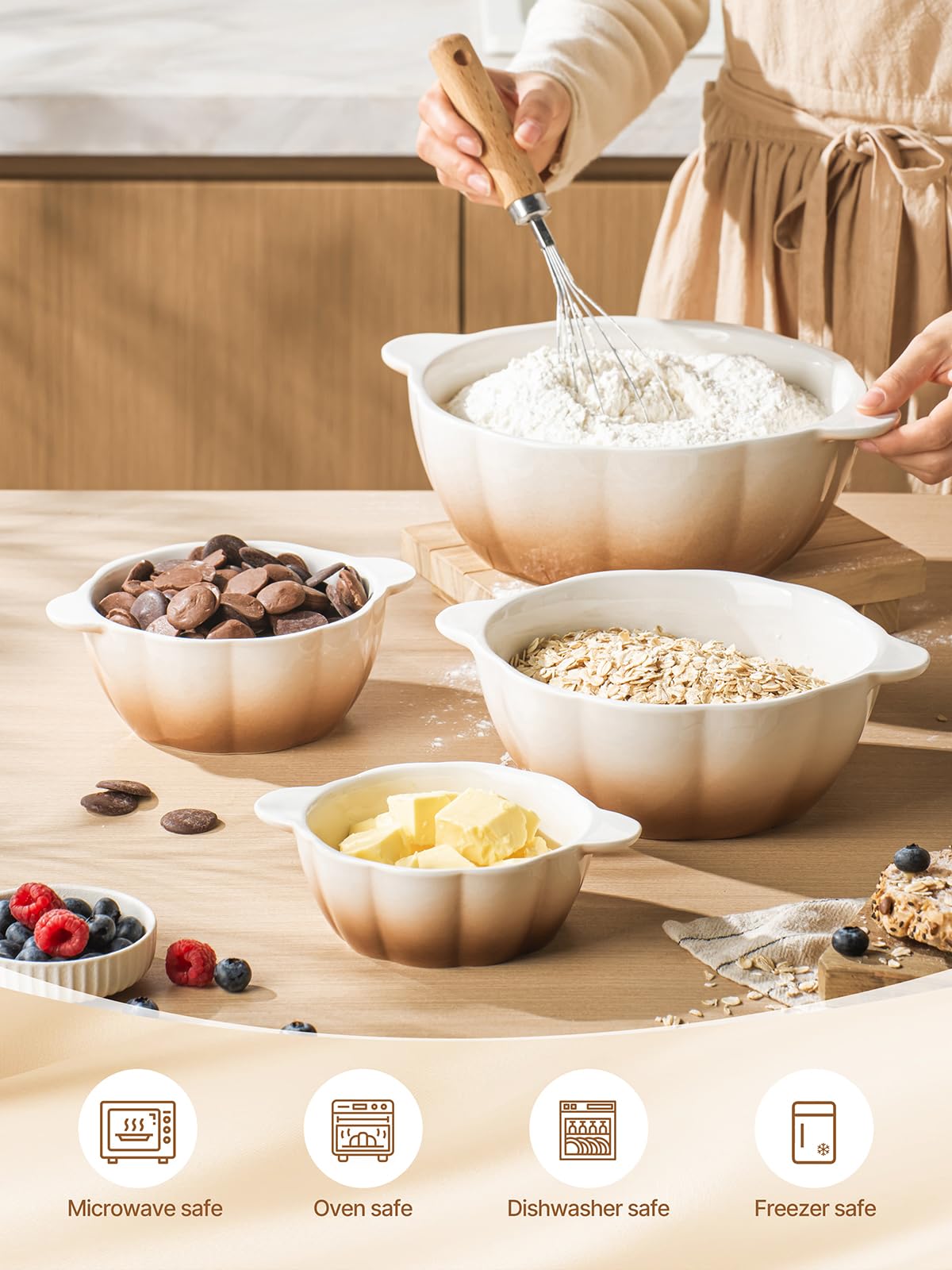 Condition photo showing New/Like New for ceramic soup bowls with handle, large serving bowls set of 4, 14/24/45/78 oz food storage bowls containers for cooking, baking, salad, ramen bowls oven safe, brown