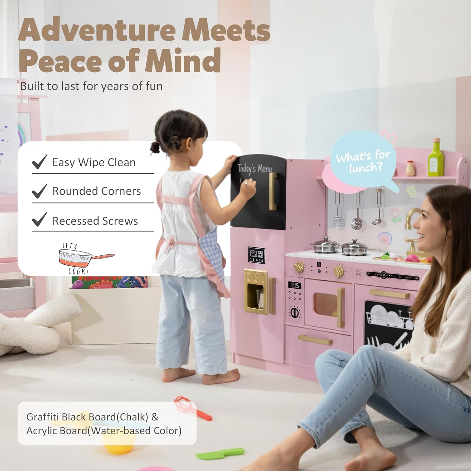 TODEFULL Pretend Kitchen Playset for Kids, Interactive Play Kitchen Wooden Toy Set w/Realistic Design, Sink, Microwave, Ice Maker, Dishwasher, Toddler Cooking Set Toy for Ages 3+, Pink