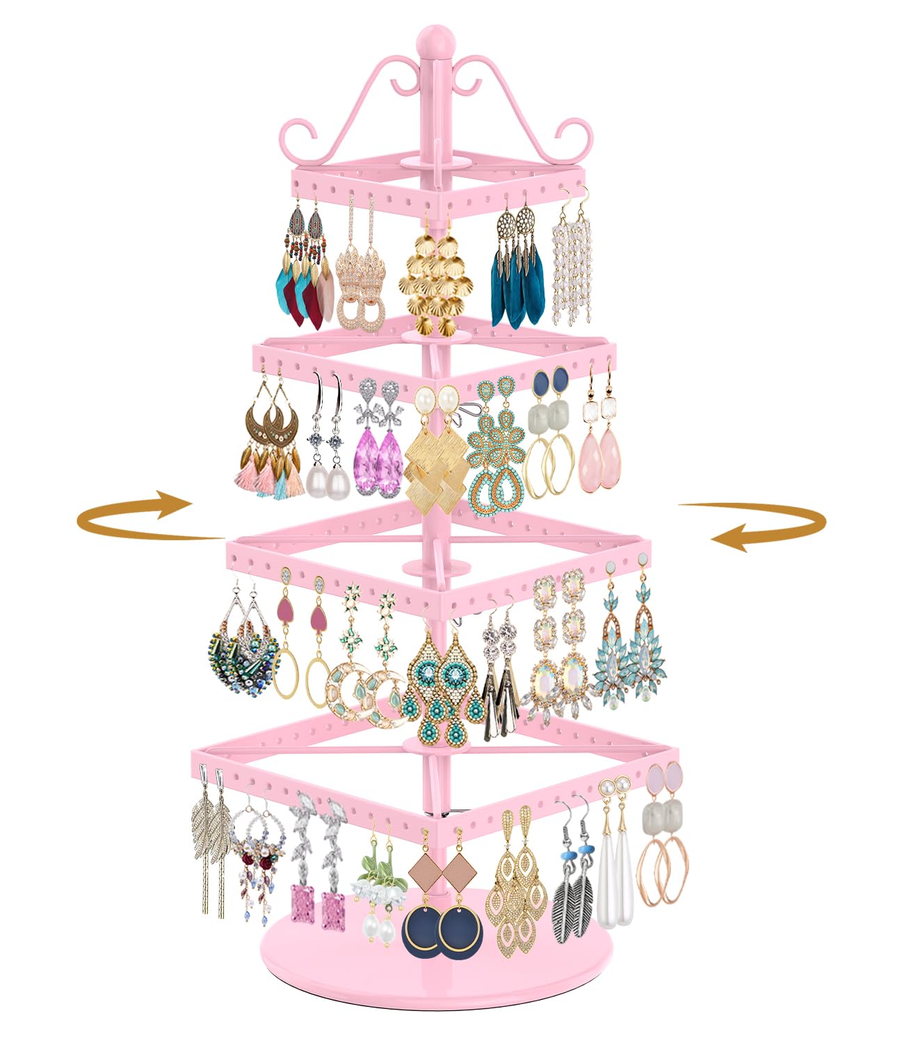 MODOWEY Rotating Earring Holder Organizer Stand Metal Display, 4 Tier Pink