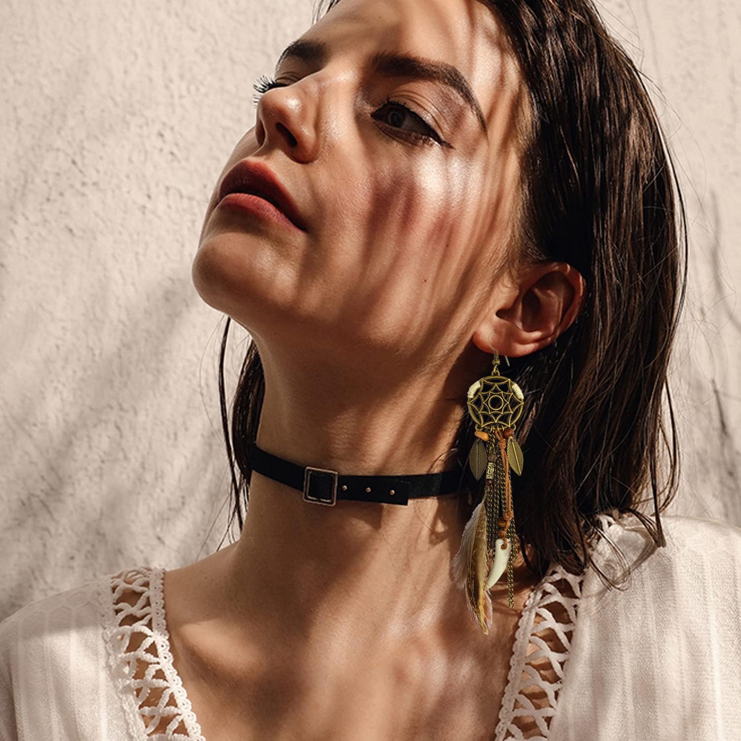 KaFu Punk Vintage Brown Long Tassel Feather Beads Drop Wolf Tooth Pendant Earring Bohemian Fish Hook Dream Catcher Design Earrings Gift for women and grils - Image 3