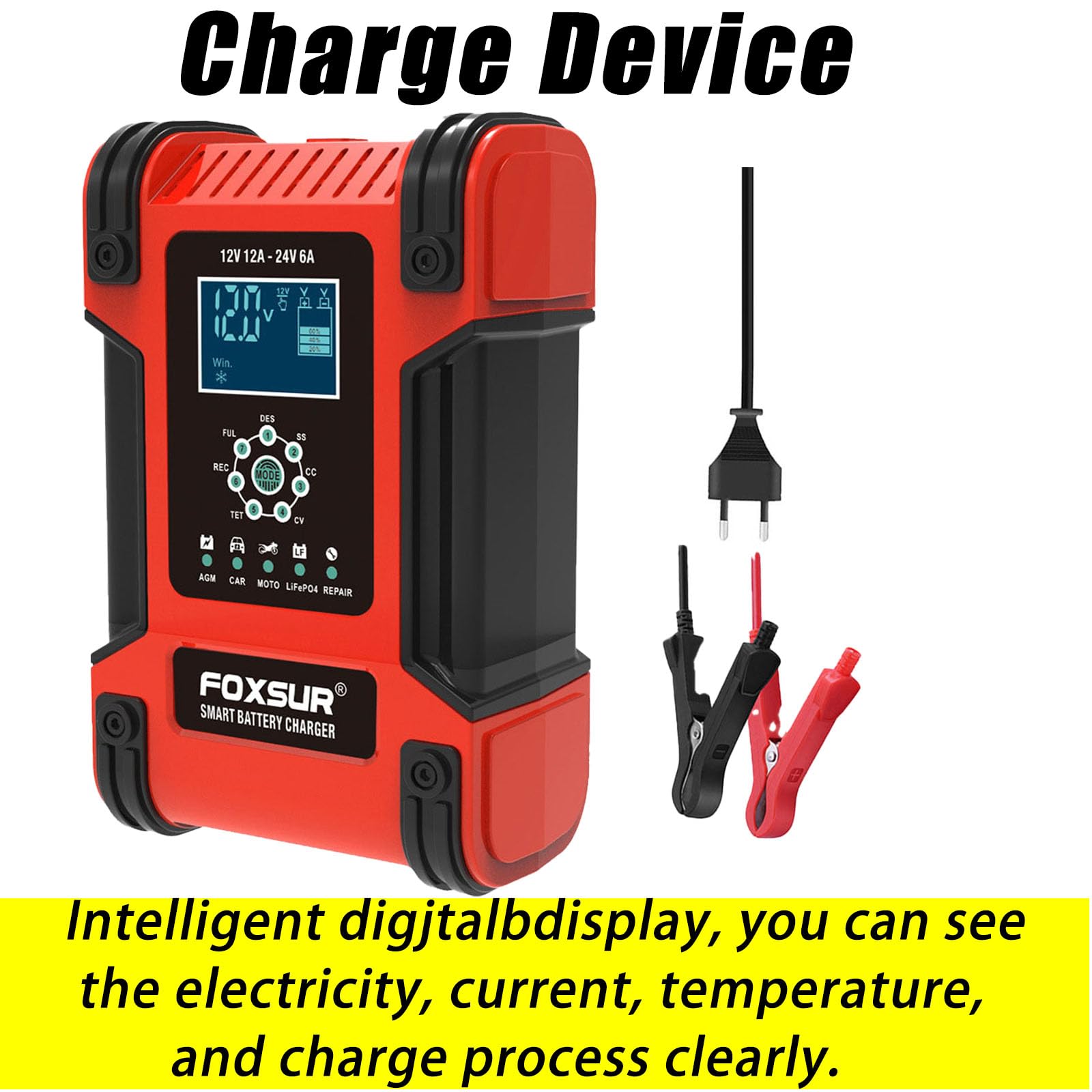 Caricabatterie per auto 12V/12A 24V/6A Caricabatterie intelligenti completamente automatici Manutentore Caricabatterie portatile Desolfatore per batterie per auto Moto Camper Tosaerba Barche