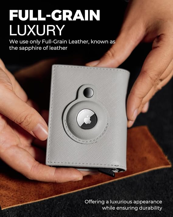 Jenoss Full Grain Leather Wallet for Men & Women: Smart AirTag Wallet With Pop Up Case, Slim, RFID Blocking, Credit Card Holder, Apple Air Tag Tracker Minimalist 9-12 Slot | ID & Cash (Grey)