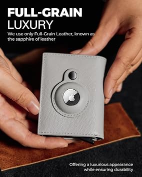 Jenoss Full Grain Leather Wallet for Men & Women: Smart AirTag Wallet With Pop Up Case, Slim, RFID Blocking, Credit Card Holder, Apple Air Tag Tracker Minimalist 9-12 Slot | ID & Cash (Grey)