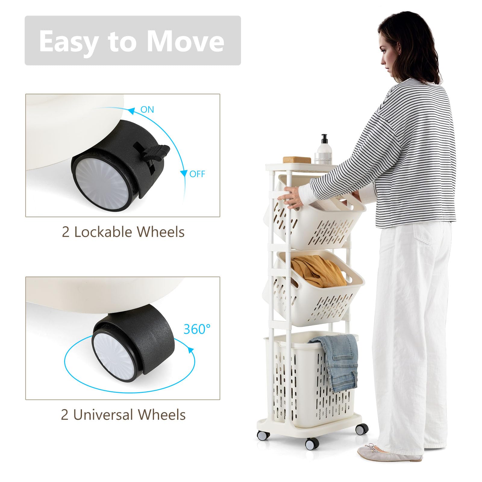 LIFEZEAL Cesto Portabiancheria, con Routi, Portabiancheria Sporca, 3 Scomparti, Cesto Biancheria Sporca, con Manici e Ripiano, Carrello Portabiancheria, Laundry Basket, carrellino in Plastica, Bianco