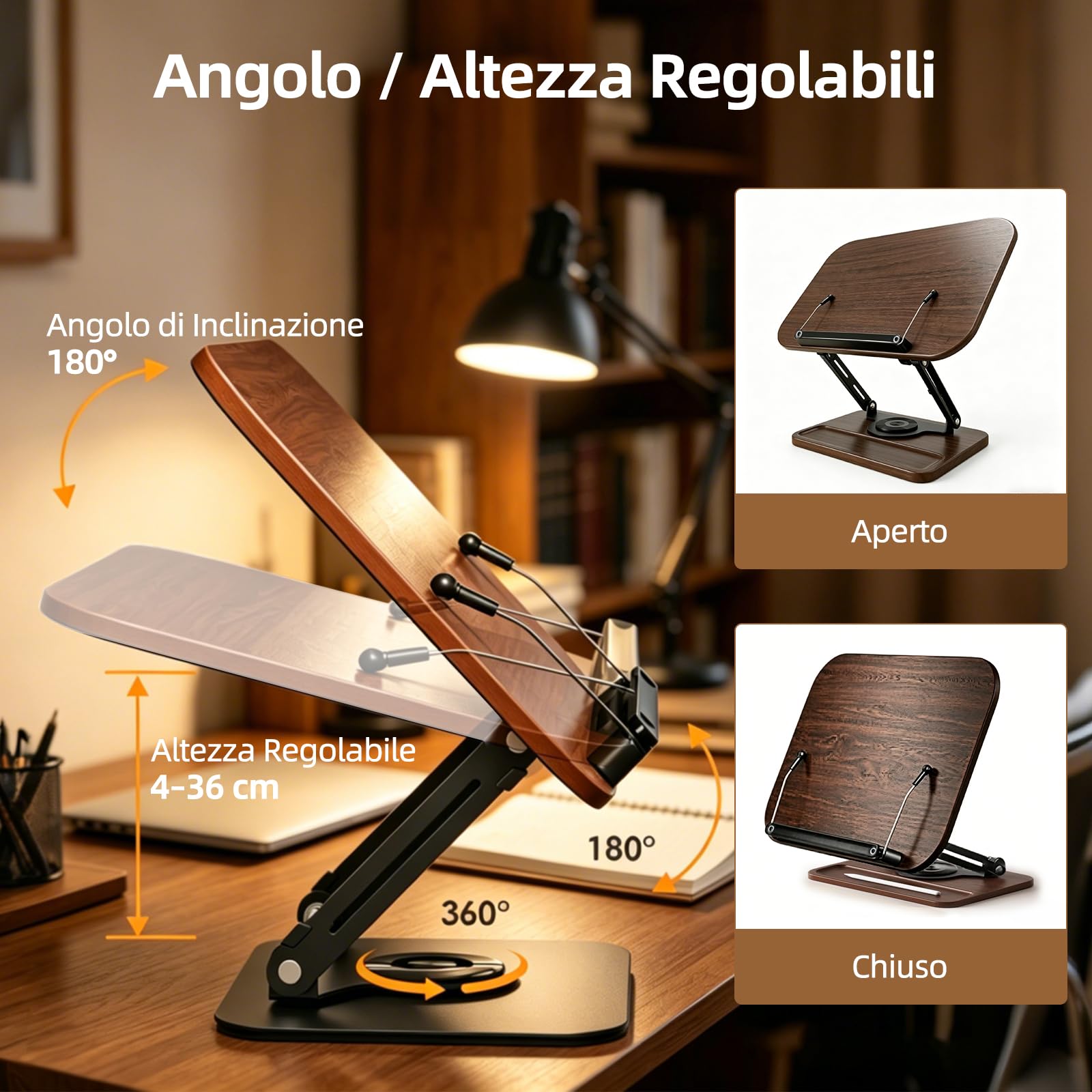 Leggio per lettura, supporto da lettura girevole a 360° e pieghevole, regolabile con clip laterale elastica a sfera e portapenne per libri, tablet, laptop (elegante legno)