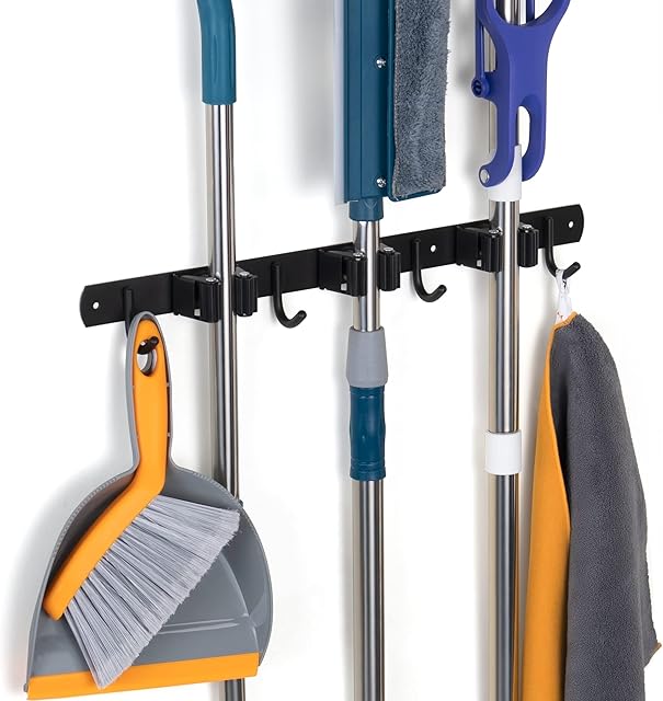 Damita Broom Holder Wall Mount Mop Hanger for Kitchen Garage Garden Metal Tool Organization - Stainless Steel Non-slip Broom Rack Mop Holder Wall Organizer 1-Pack ( Black, 3 Racks 4 Hooks )