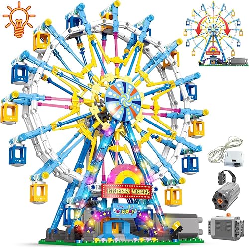 Miniatura 1 de Benuefe Juego de bloques de construcción de rueda de fortuna giratoria con kit de iluminación, kits de construcción de parque de atracciones de