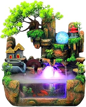 110V Tabletop Fountain Indoor,12LED Waterfall Fountain Zen Meditation,Mini Silent Desktop Simulation Resin Rockery Water Fountain,Bonsai Home Decor with Atomizer and Fish Bowl,for Office,Bedroom