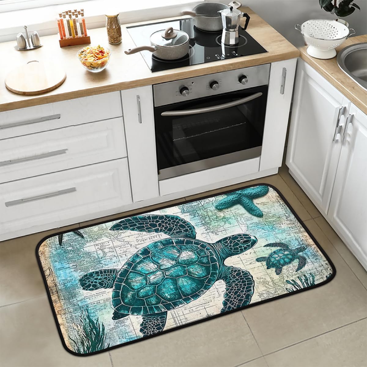 Sea Turtles Retro Map Kitchen Mats Runner Rug Tortoise Comfort Standing Mat Non-Slip Nautical Ocean Coastal Area Rug Carpet for Floor Indoor Decor 39 x 20 Inch