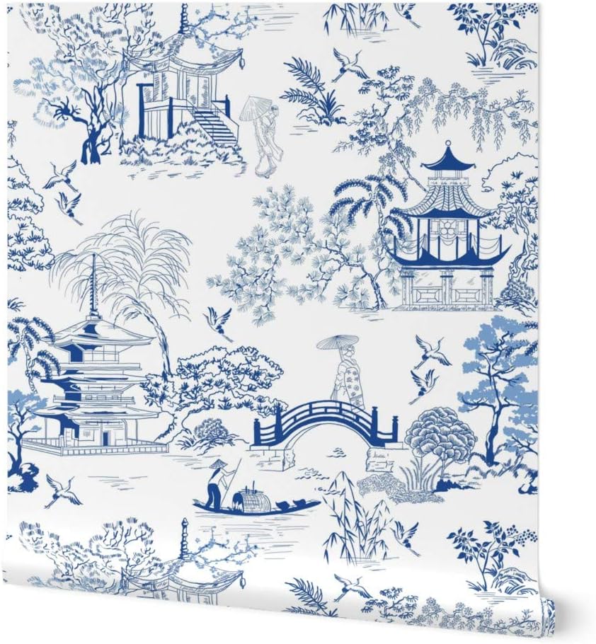 Peel & Stick Wallpaper 3ft x 2ft - Pagoda Chinoiserie Japanese Blues Japan Toile Cherry Blossom Custom Removable Wallpaper by Spoonflower