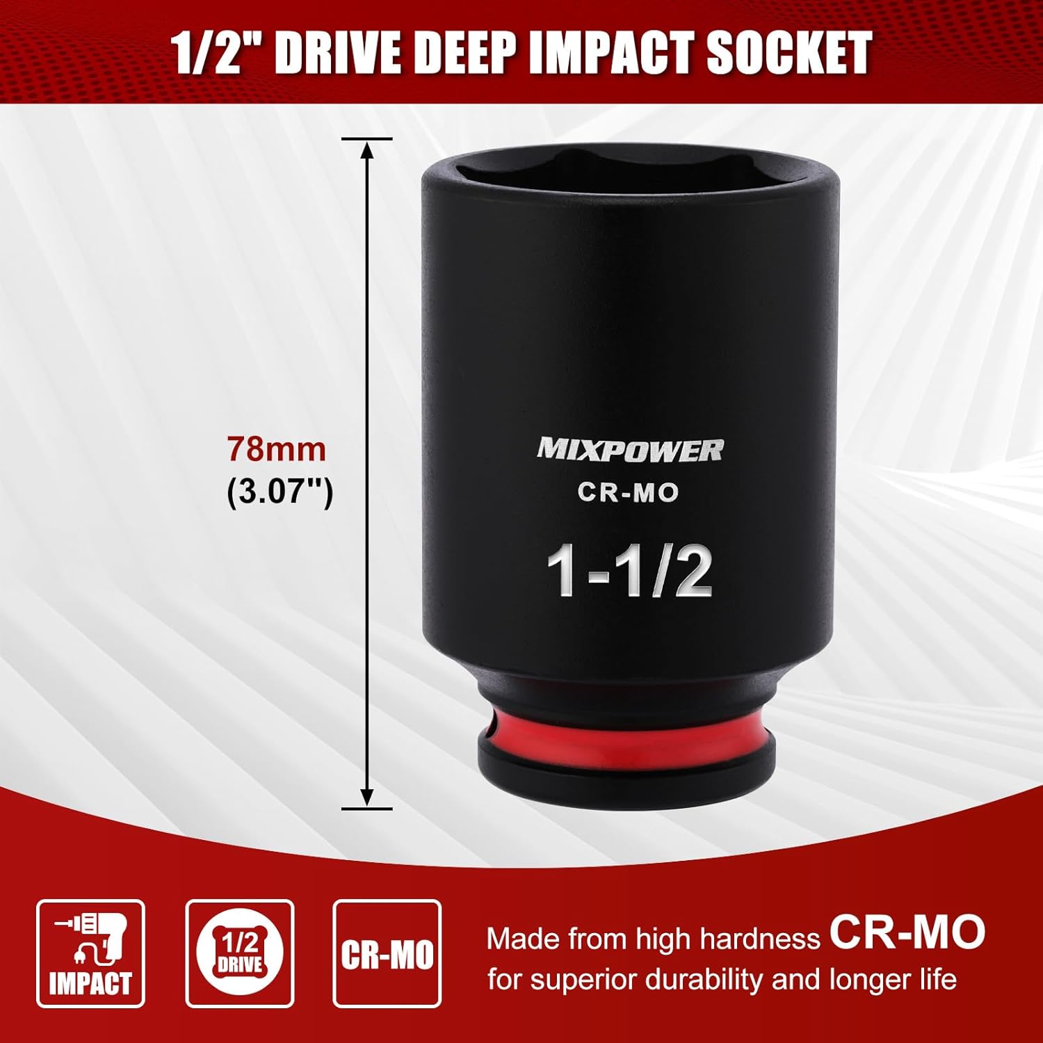 MIXPOWER 1/2" Drive Deep Impact Socket, CR-MO, 1-1/2", SAE, 6 Point, Axle Nut Impact Grade Socket for Easy Removal
