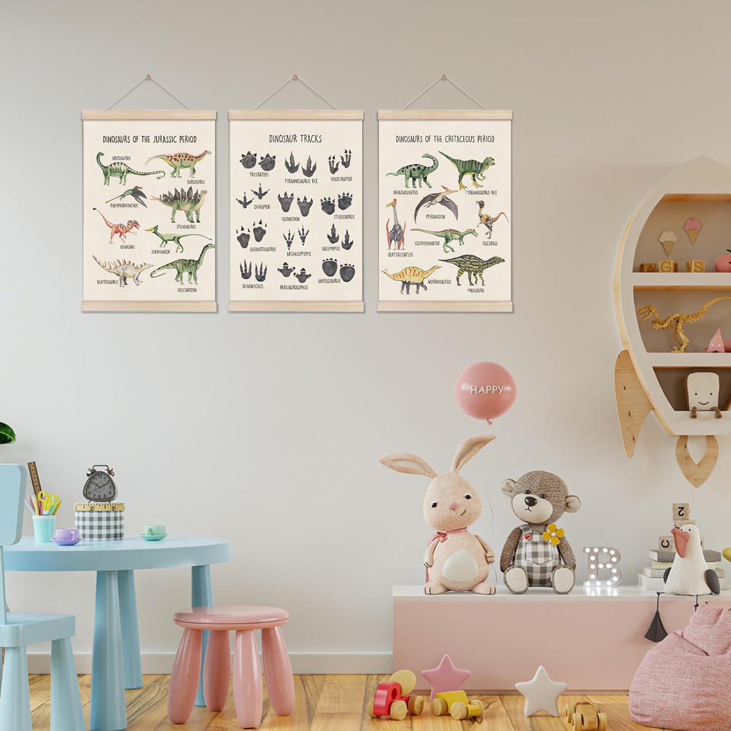 Set of 3 Dinosaur Posters Hanger Frame, Educational Artwork for Toddlers, Dinosaur Canvas Wall Art 16x12 Inch, Kids Learning Posters for Bedroom Classroom Playroom, Boy Girl Nursery Wall Decor