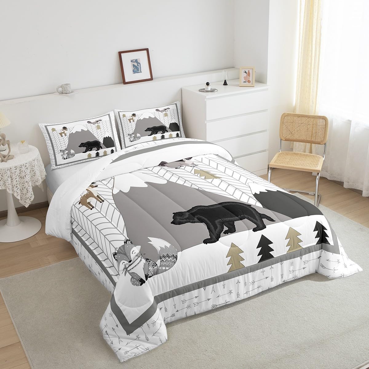 Castle Fairy Wild Animals Comforter Set Safari Animal Print Comforter for Boys Girls Teens Cute Fox Bear Deer Bedding Set Kids Cartoon Mountains Trees Duvet Set Room Decor Quilt Set Twin Size
