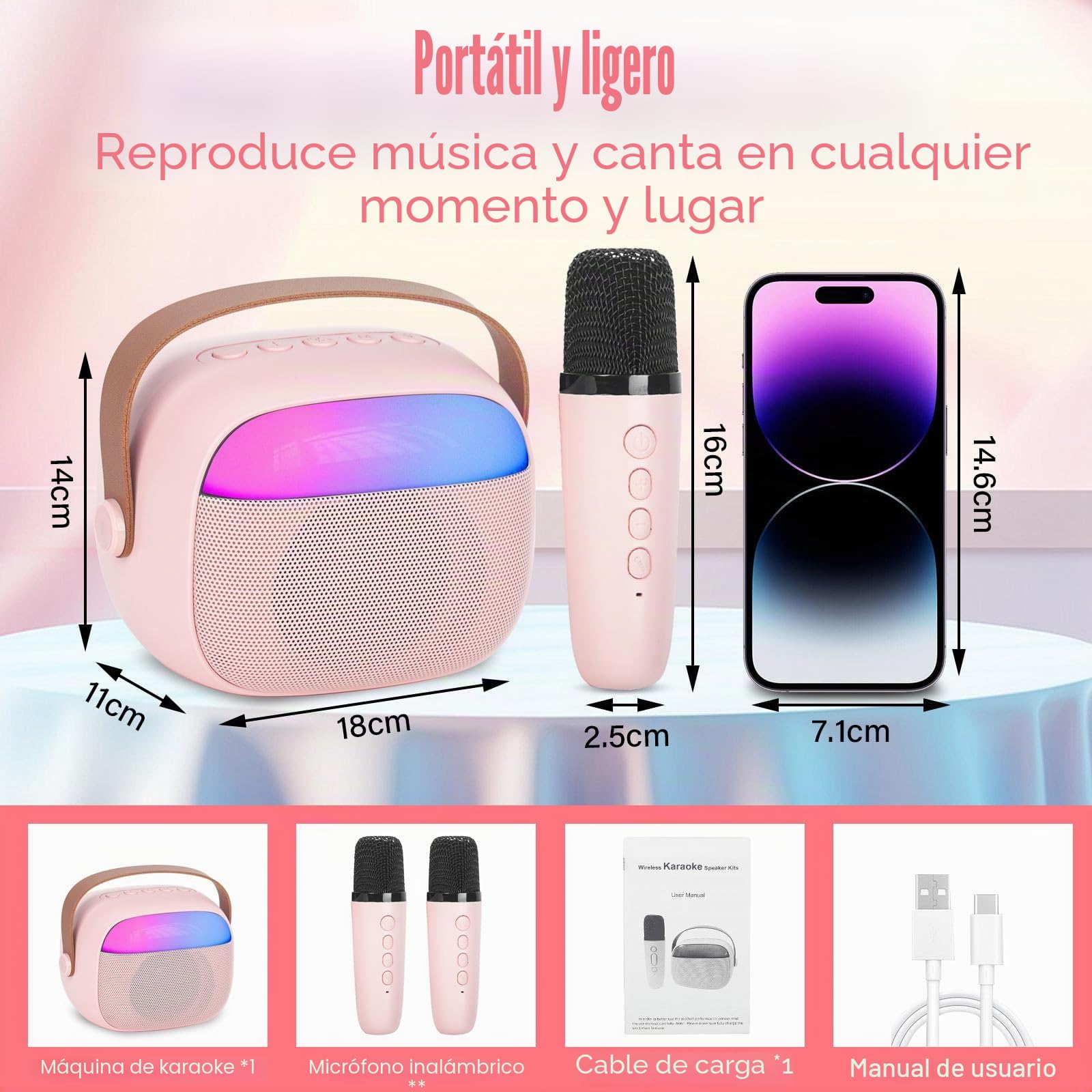 Karaoke 2 Micrófonos Inalambricos Juguetes Niña, Karaoke Infantil Microfono Altavoz Bluetooth para Adultos con LED, Adecuado para Regalos, Fiestas, Cumpleaños