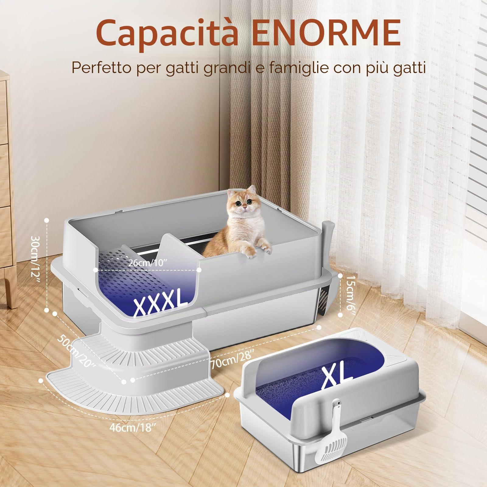 XXXL - Lettiera semi-chiusa in acciaio inox, 70 x 50 x 30 cm, parete laterale alta, in metallo, con passaggio filtrato, gradini, pala, non adesiva, facile da pulire (grigio chiaro)
