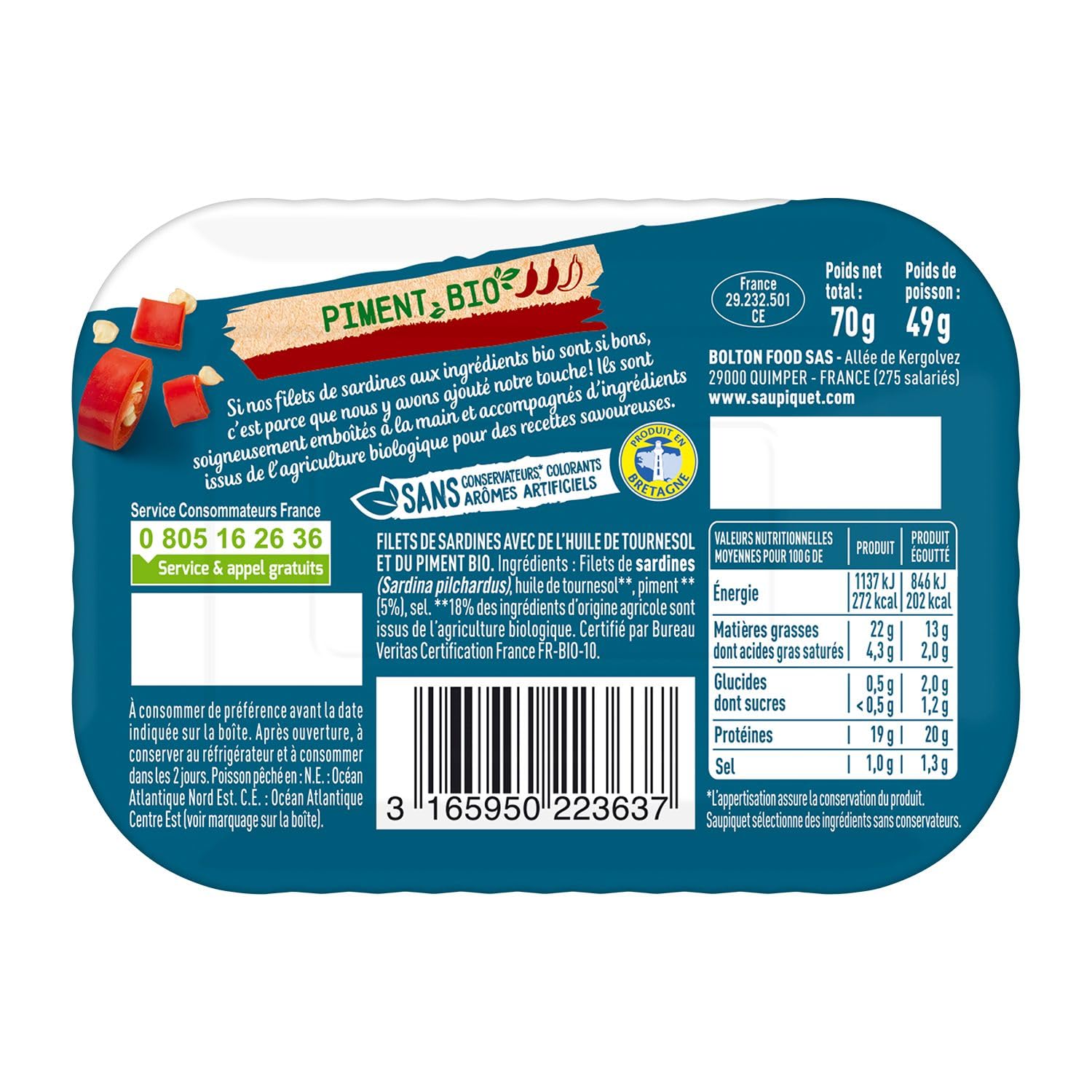 SAUPIQUET - Filets de Sardines au Piment Bio - Sans Arêtes - Sans conservateurs, colorants ni arômes artificiels - Issus d'une Pêche Traçabilité Garantie - 15 Conserves (100 g)