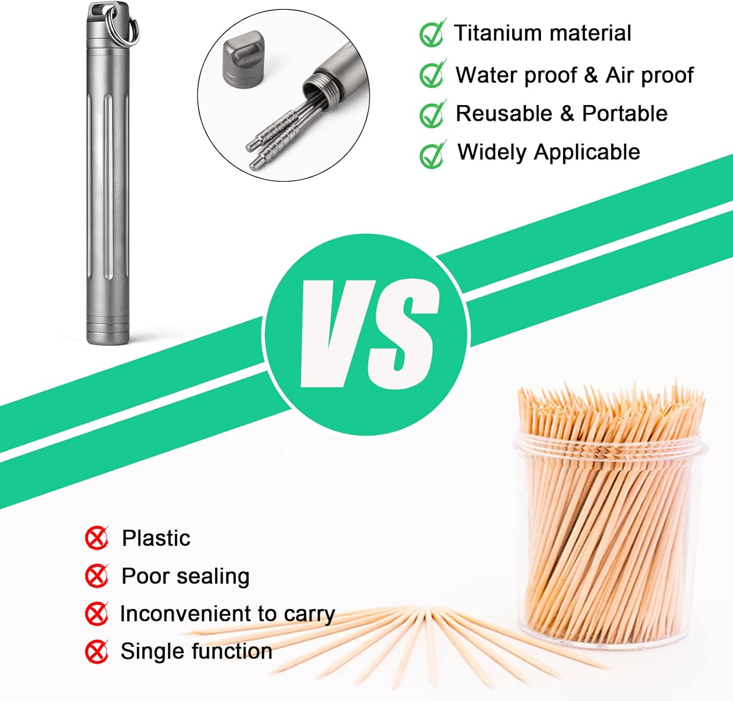 TISUR Titanium Portable Toothpick Holder Box, Pocket Waterproof Case Toothpicks Container with Keychain for Outdoor Picnic and Camping (2, Grey)