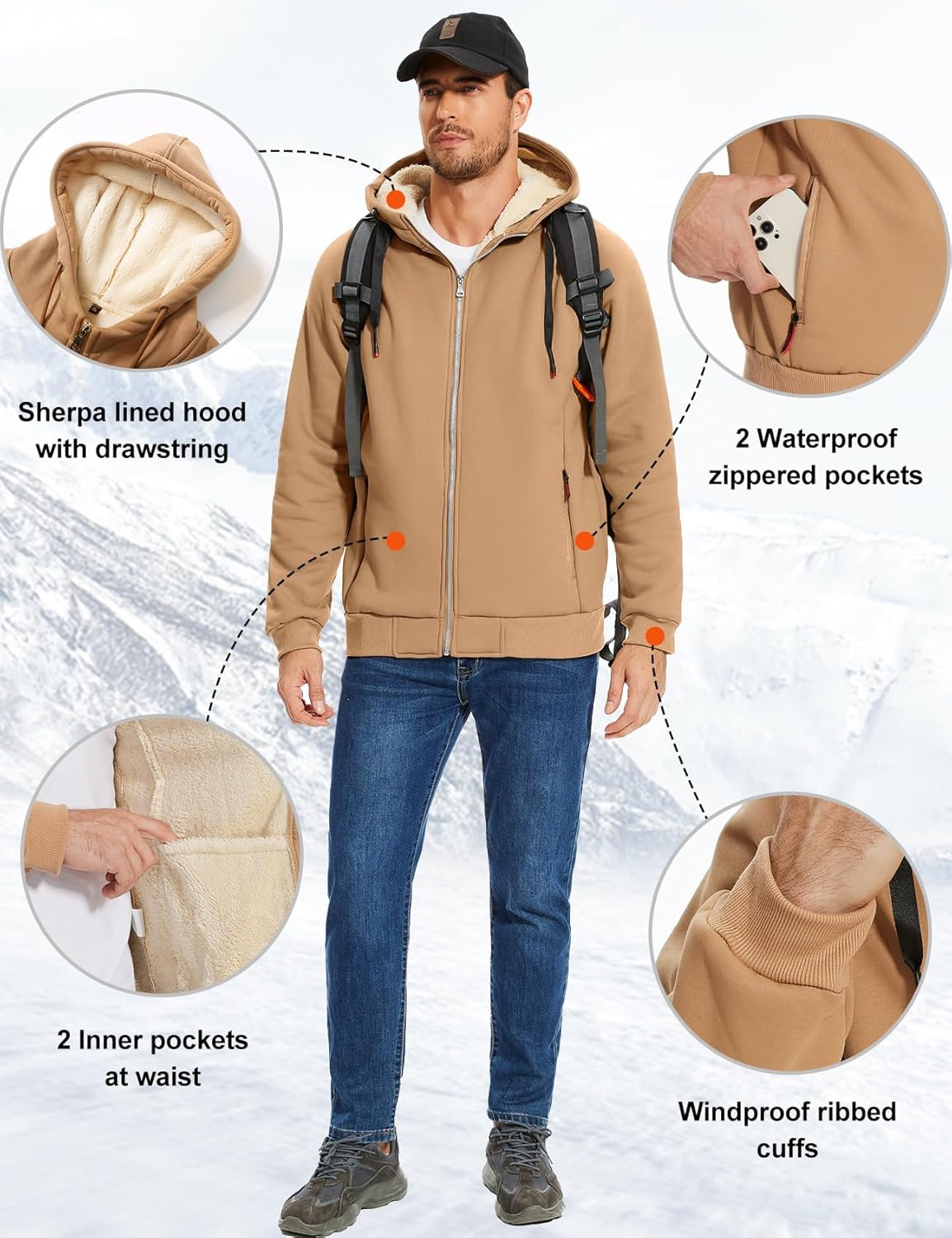 Flygo Sherpa Hoodies for Men Zip Up Winter Fleece Lined Hooded Sweatshirt Heavyweight Warm Jackets - Image 6