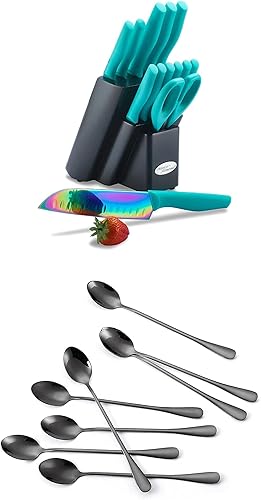 KYA27 - Juego de cuchillos de cubiertos de color arcoíris con bloque de madera + cucharas de mango largo de acero inoxidable con revestimiento de