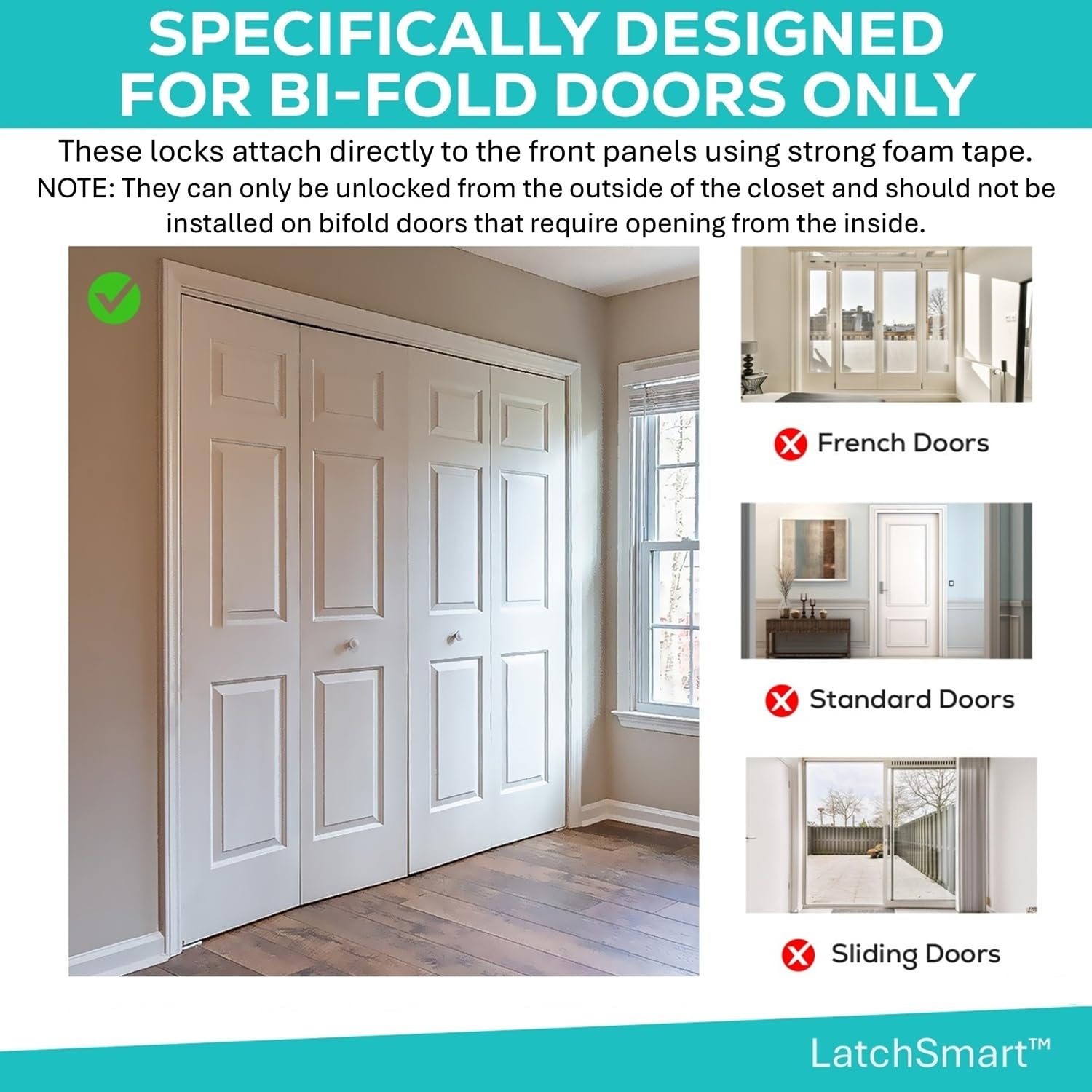 Bi-Fold Door Lock (1-Pack) for Single Bifold Door, Locks Automatically, Child & Pet Safety Lock Exclusively for Reach-in Closets and Pantries with Bifold Folding Door, One-Touch Operation